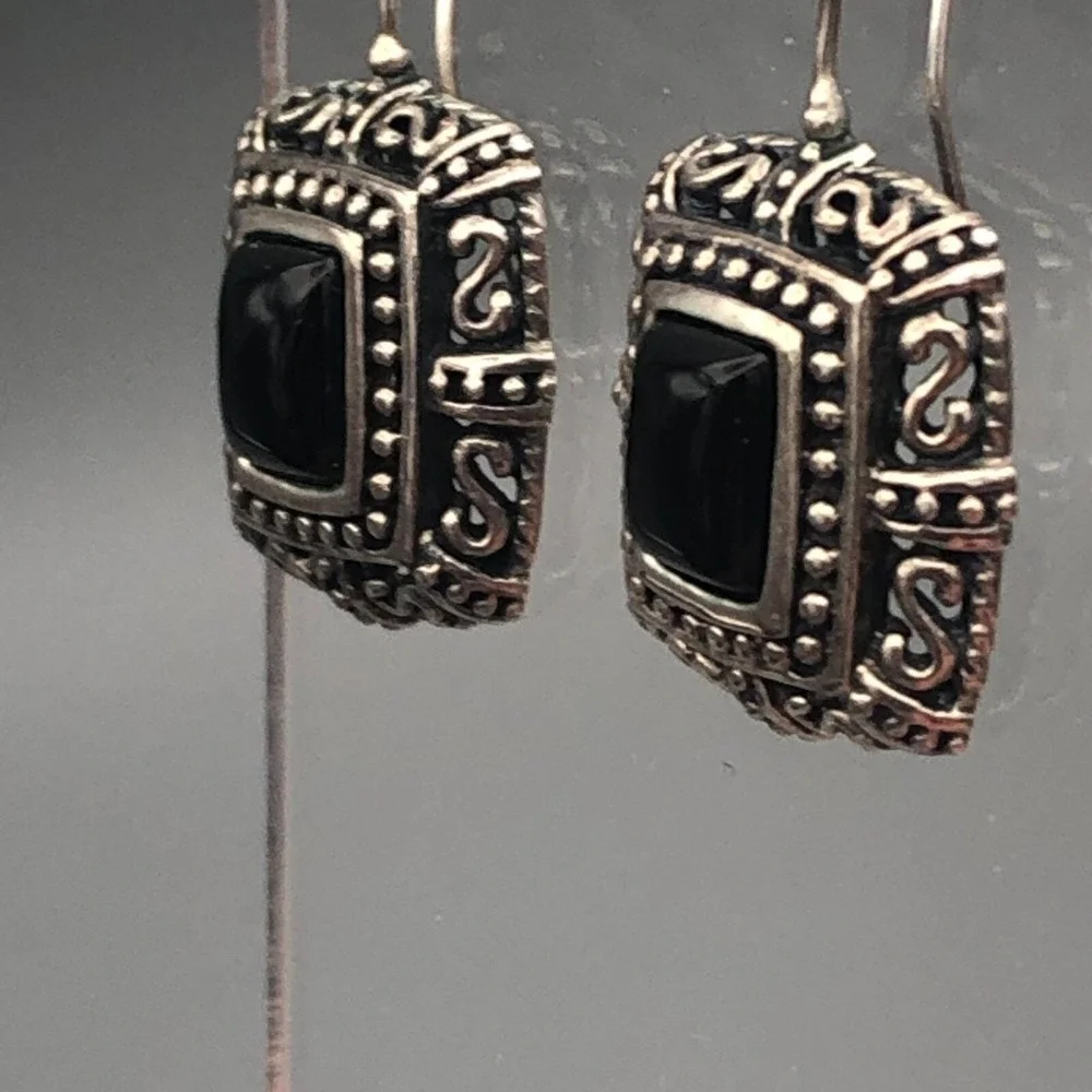 Vintage Byzantine Onyx Sterling Silver Earrings 925 Square Dangle Gothic Wire